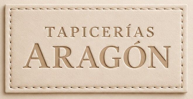 Logotipo de Tapicerías Aragón grabado en una etiqueta de piel cosida