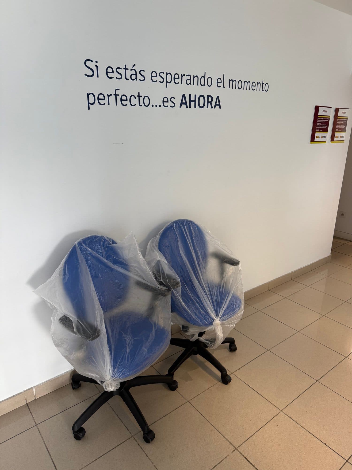 Dos sillas de oficina retapizadas en azul protegidas con plástico para su entrega