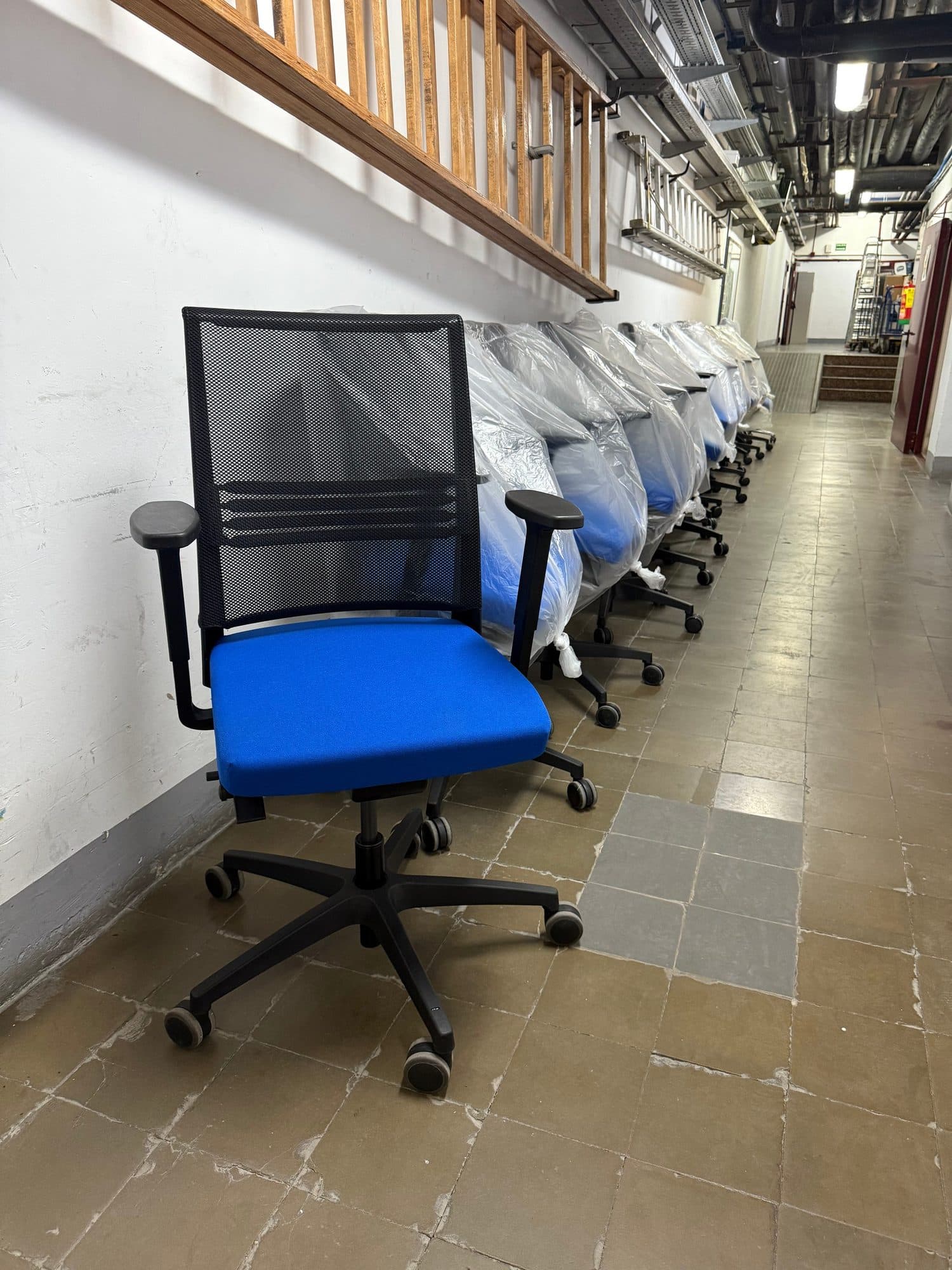 Fila de sillas de oficina renovadas con asiento azul en un pasillo